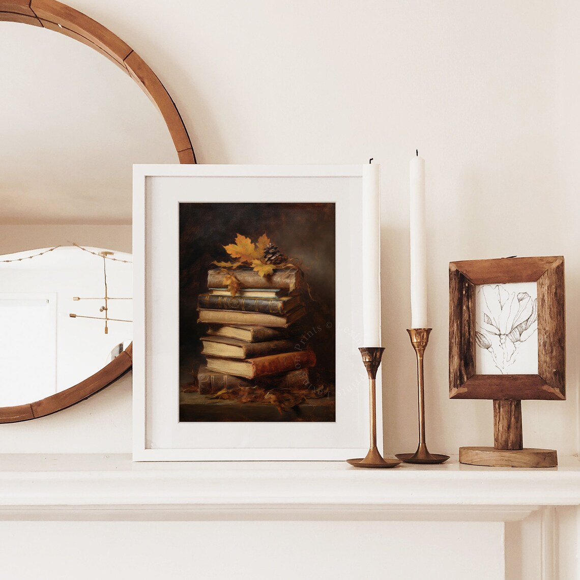 Stack of Old Books with Autumn Leaves Dark Still Life Poster - Image 5