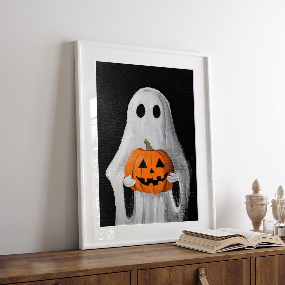 Cute Ghost Holding Jack O Lantern Pumpkin Halloween Vintage Wall Art - Image 4