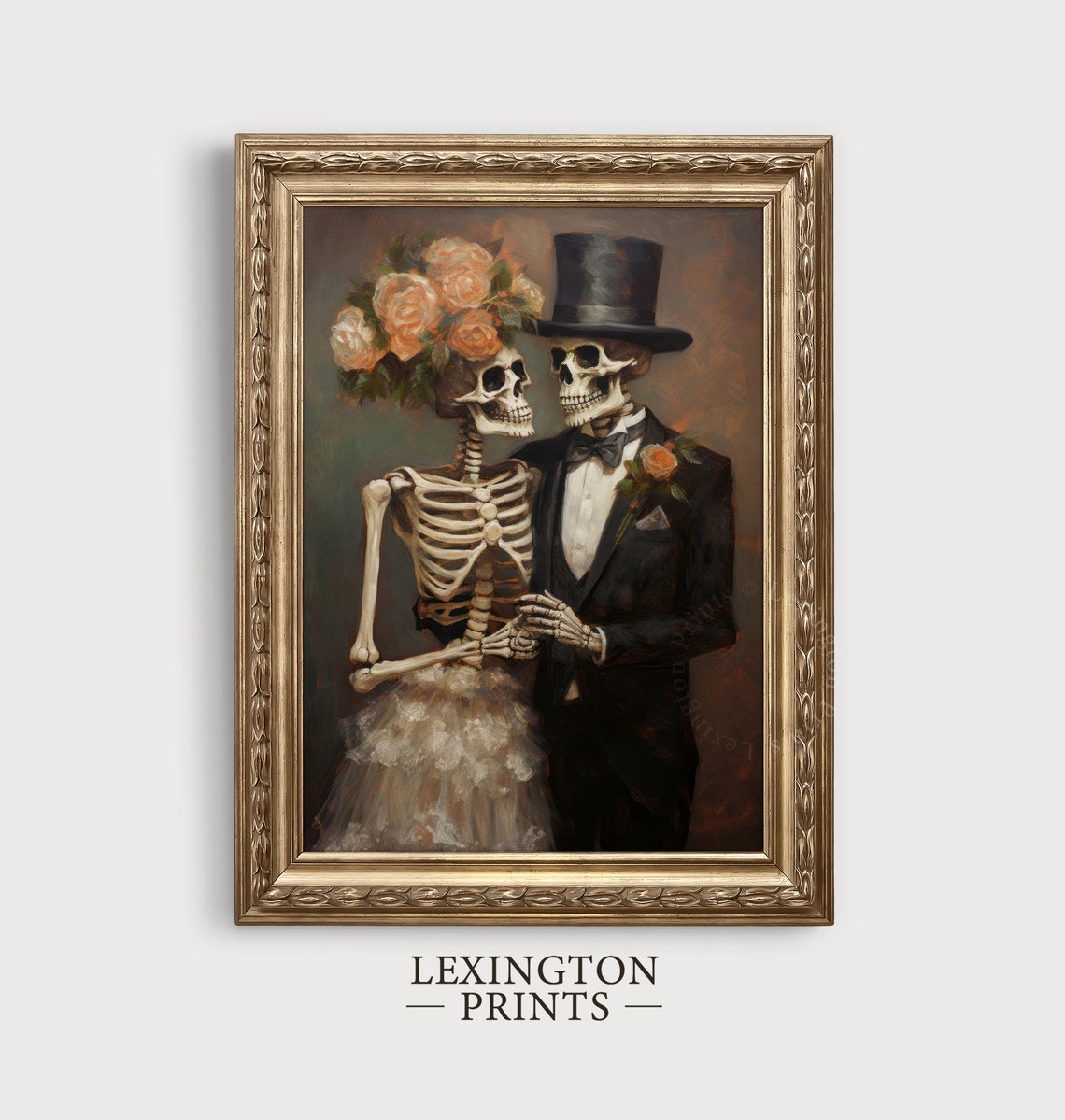 Skeleton Bride and Groom Wedding Portrait Vintage Halloween Wall Art - Image 2