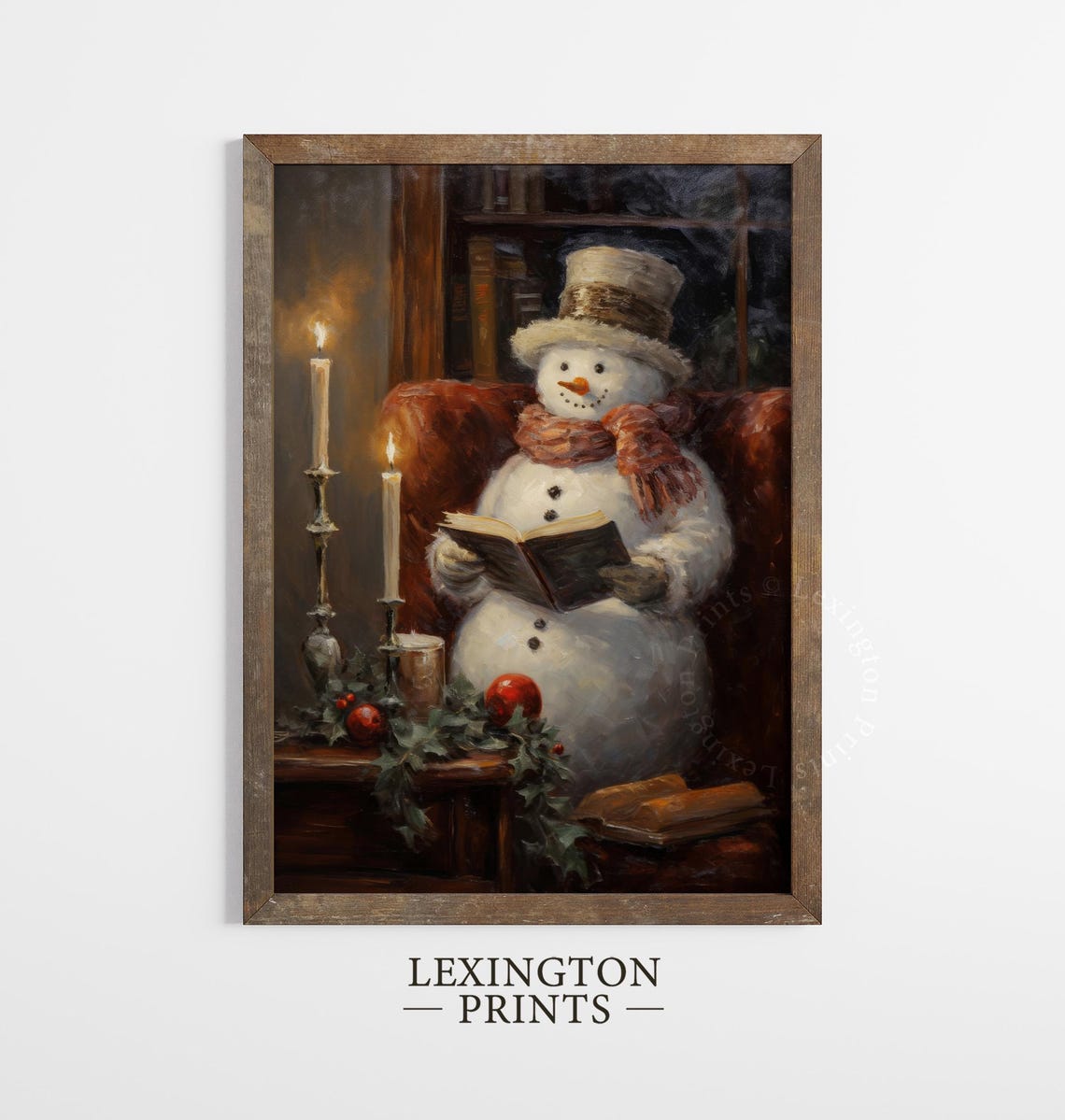 Cozy Snowman In Top Hat Reading Book By Candlelight Christmas Poster - Image 2