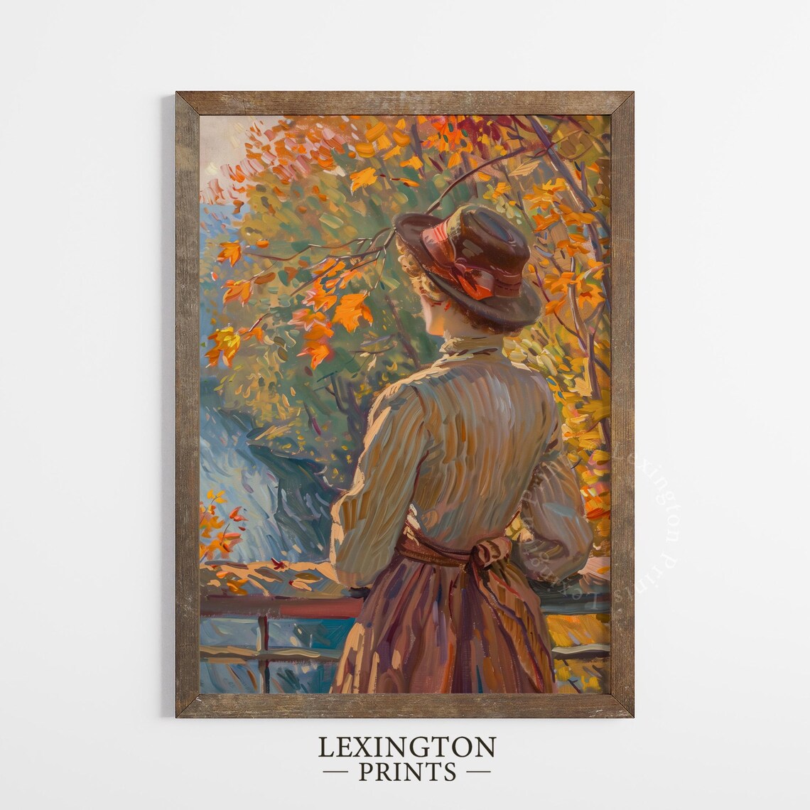 Woman in Hat Gazing at Autumn Waterfall from Behind Scenic Poster - Image 5