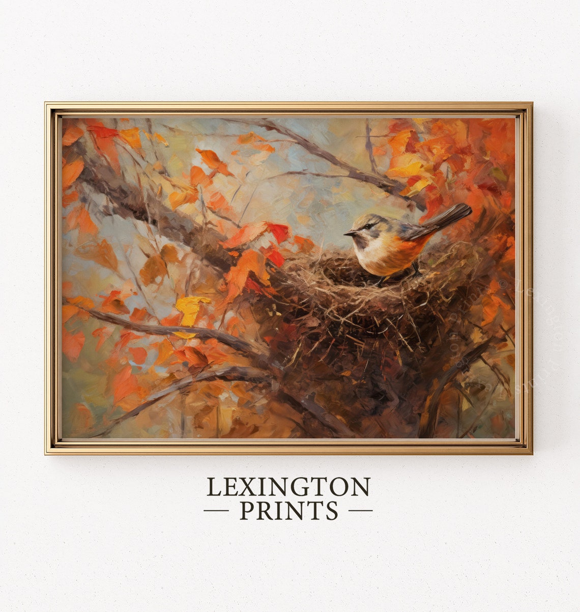 Small Bird In Nest Autumn Branches Orange Leaves Vintage Nature Poster - Image 4