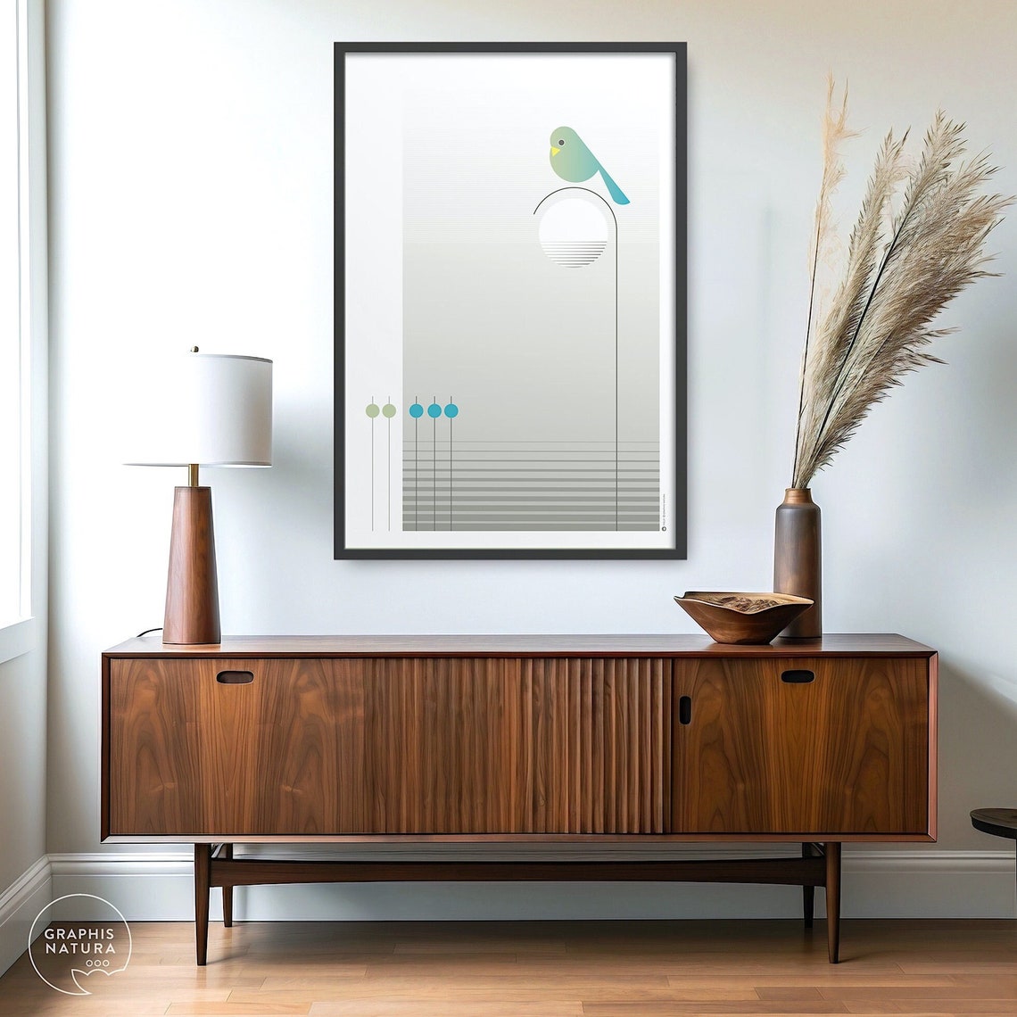 Blue Bird on Arch Poster Moonlit Minimalist Modern Nature Art