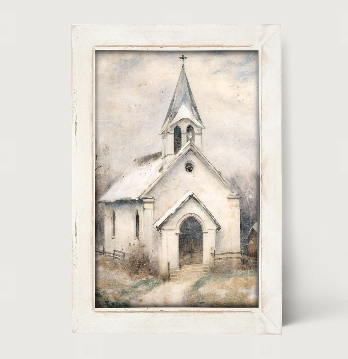 Rustic White Church With Fence, Country Church Art Print - Image 2