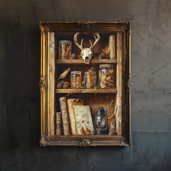 Naturalist Shelf Deer Skull Specimen Jars Dark Academia Wall Art