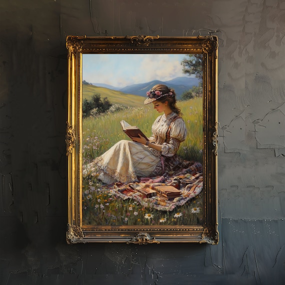 Woman Reading in Sunlit Meadow Mountain Landscape Art Poster