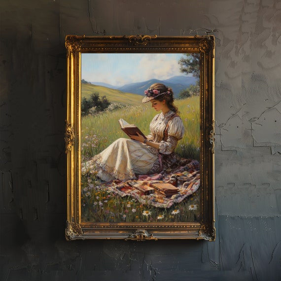 Woman Sitting In A Meadow Dark Academia Print Victorian Art Gothic Decor Antique Landscape Illustration Rustic Vintage Wall