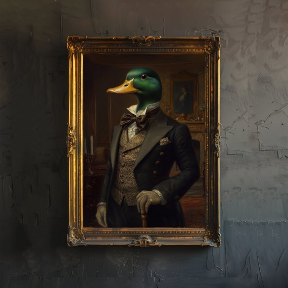 Renaissance Duck In Suit Print Dark Academia Art Gothic Decor Antique Animal Illustration Victorian Era Poster Rustic Vintage Wall