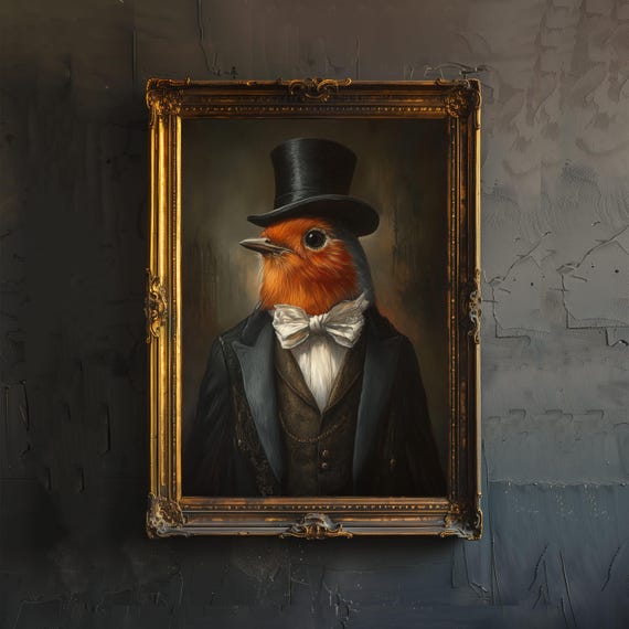 Victorian Robin In Suit Art Print, Dark Academia