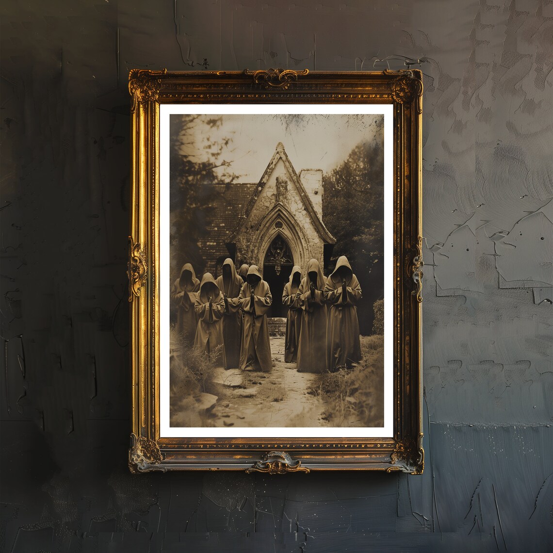 Hooded Monks Before Gothic Church Sepia Vintage Occult Art Poster