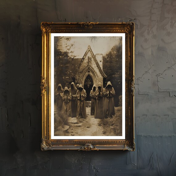 Hooded Monks Before Gothic Church Sepia Vintage Occult Art Poster