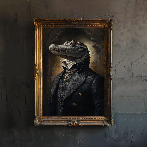 Alligator In Suit Poster Dark Academia Art Whimsical Decor Antique Illustration Vintage Animal Wall Rustic