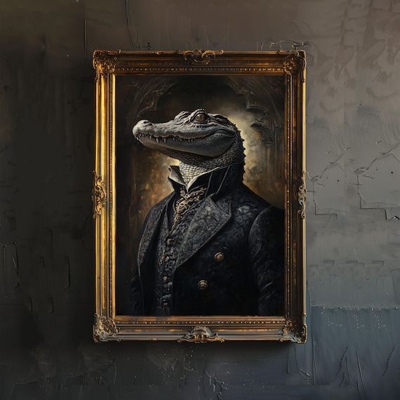 Dapper Alligator Gentleman In Black Suit Gothic Oil Portrait Poster