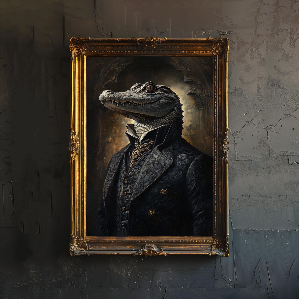 Dapper Alligator Gentleman In Black Suit Gothic Oil Portrait Poster