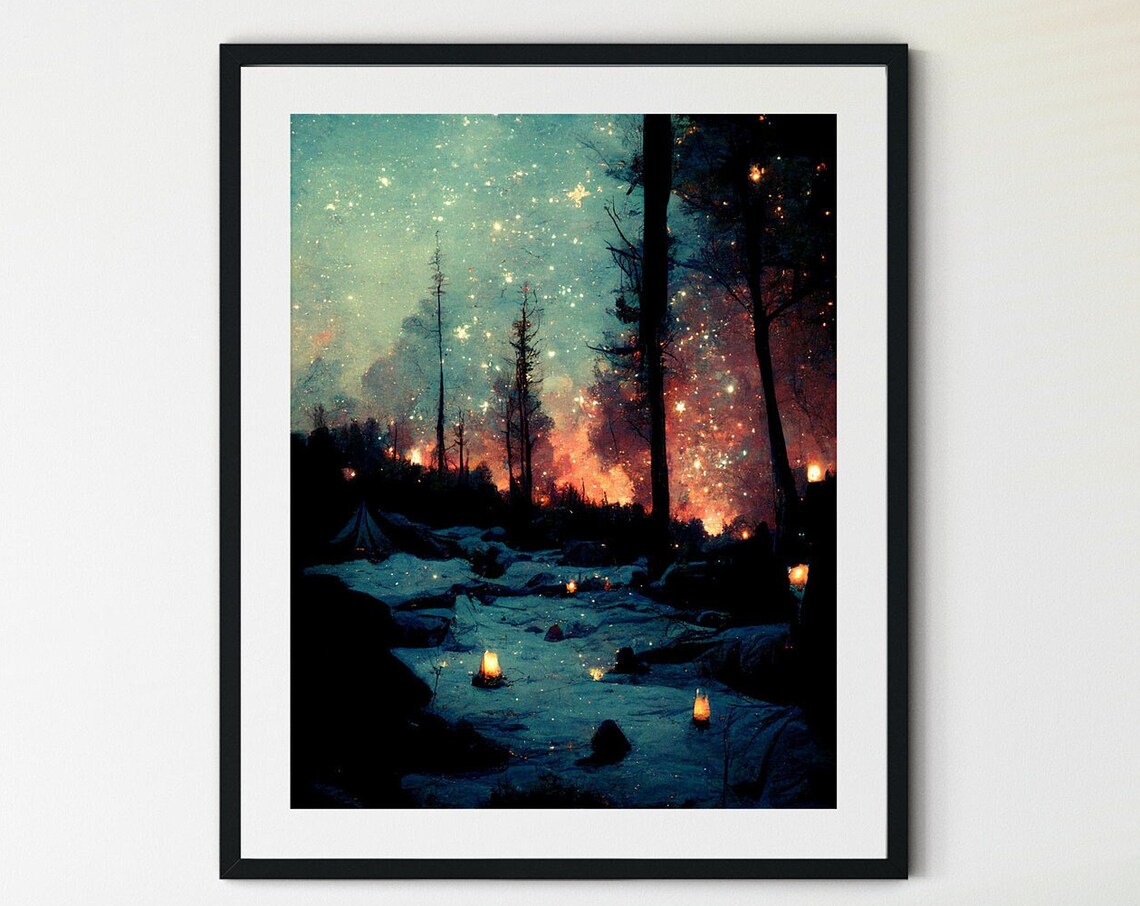 Camping At Night Painting, Campfire Art Print