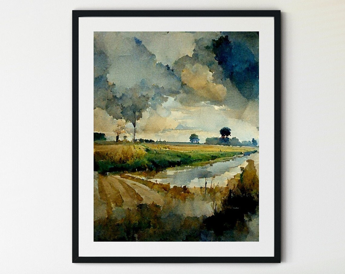 Country Road Fields Dramatic Clouds Muted Rural Landscape Poster
