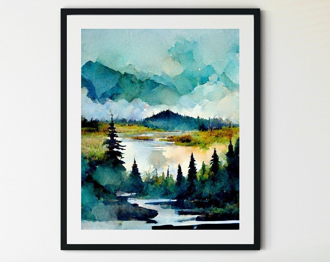 Winter Forest Landscape Art Print, Rustic Watercolor