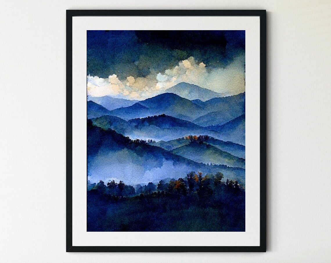 Misty Mountain Layers Blue Watercolor Foggy Peaks Calm Scenic Poster