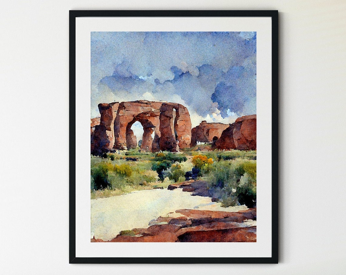 Red Rock Arch Desert Watercolor Natural Stone Formation Scenic Poster