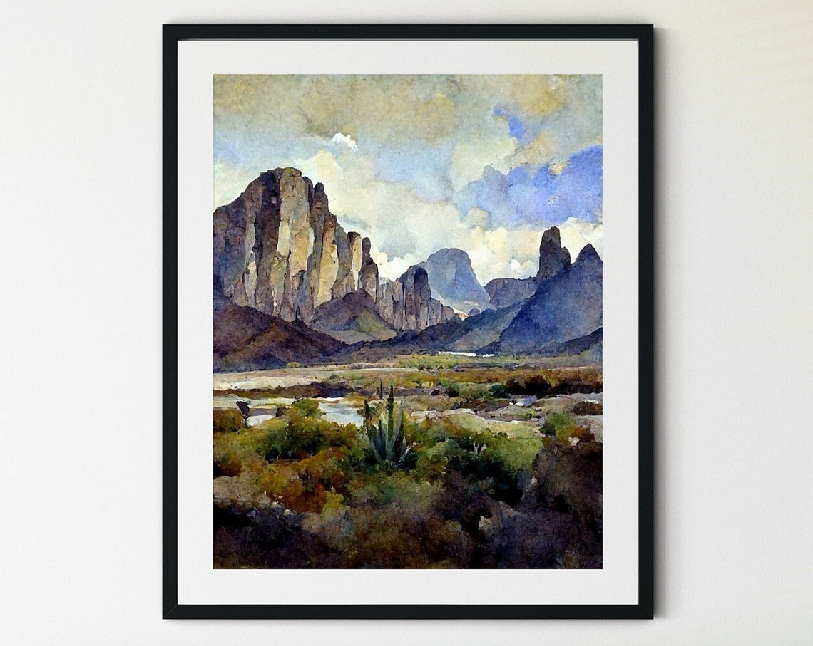 Desert Cliffs Watercolor Rocky Mountain Peaks Under Blue Sky Poster