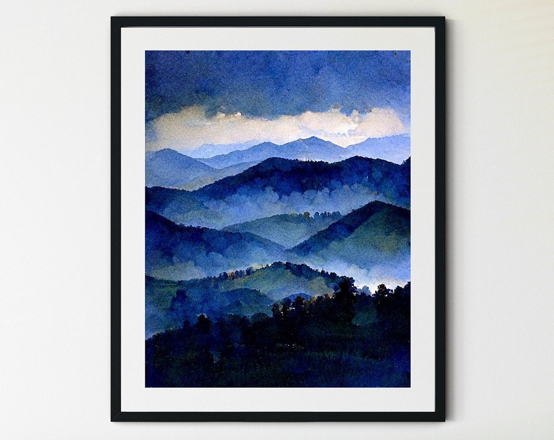 Misty Mountains Blue Watercolor Fog Layers Over Dark Peaks Art Poster