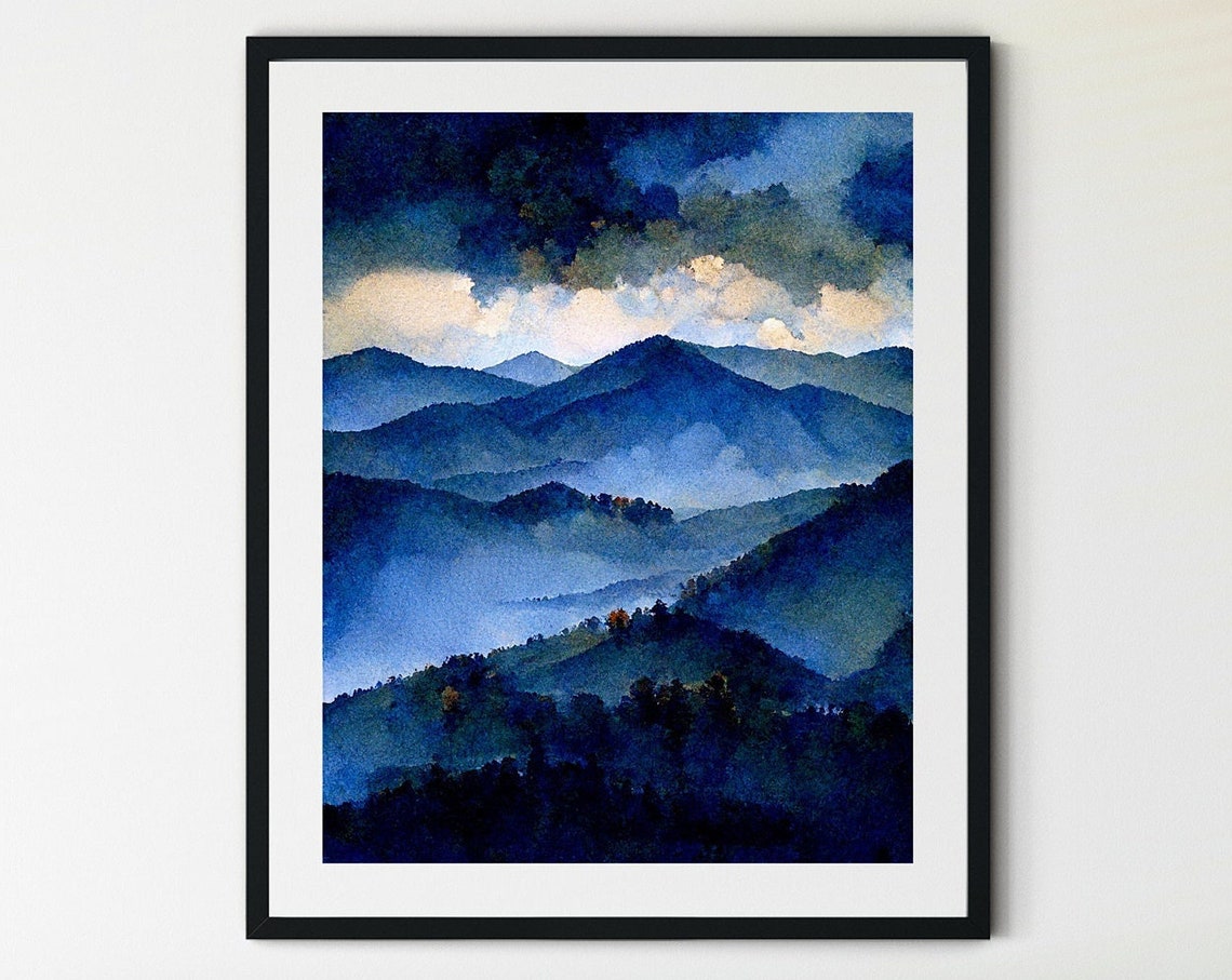 Misty Mountains Under Storm Clouds Watercolor Blue Peaks Moody Poster