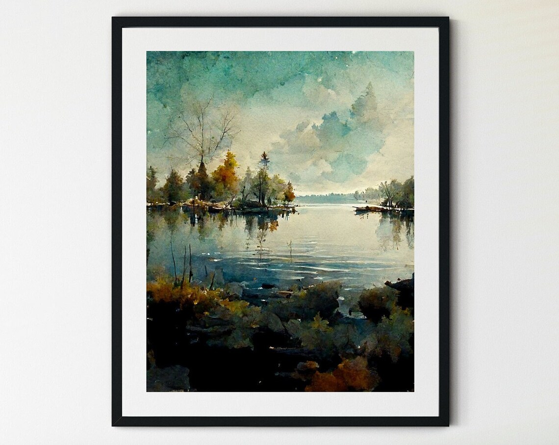 Calm Lake Watercolor Trees Reflected Peaceful Shore Nature Art Poster
