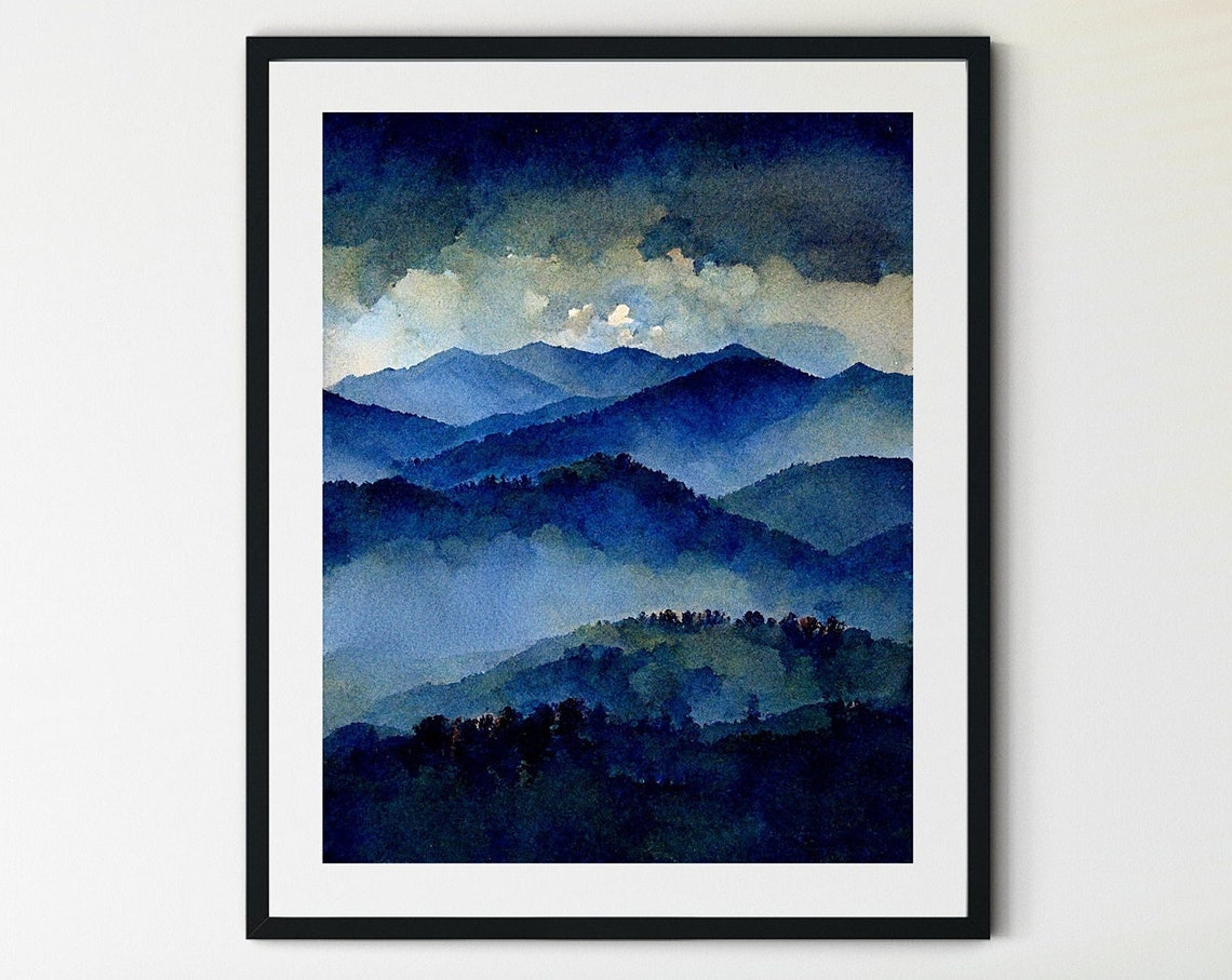 Misty Blue Mountain Range Watercolor Fog Between Peaks Serene Poster