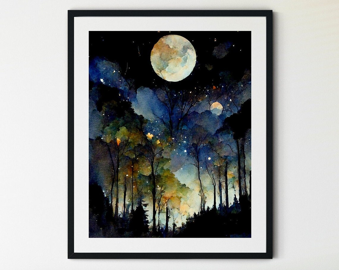 Full Moon And Crescent Night Forest Starry Sky Watercolor Poster
