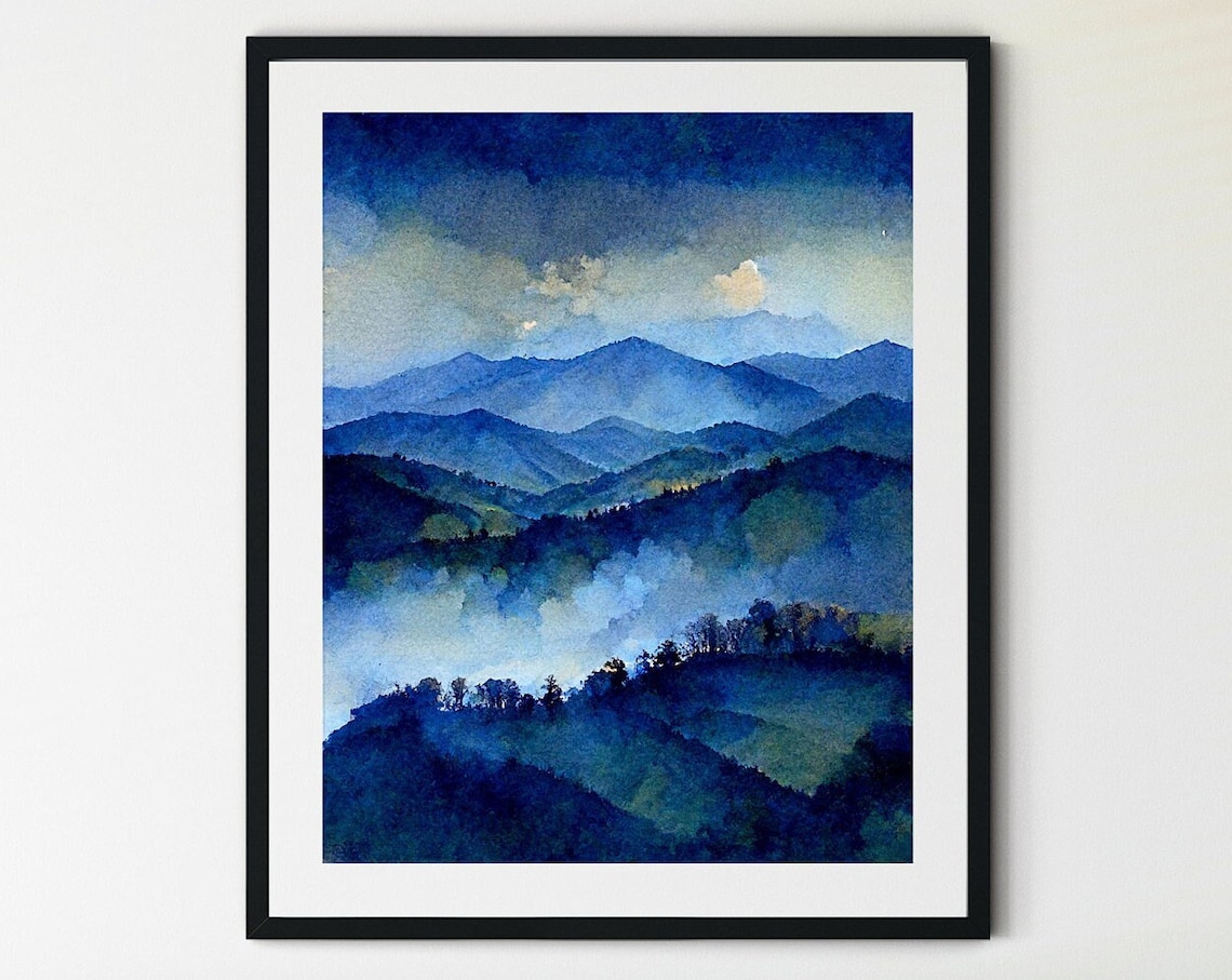 Misty Blue Peaks Watercolor Glowing Clouds Over Foggy Mountain Poster