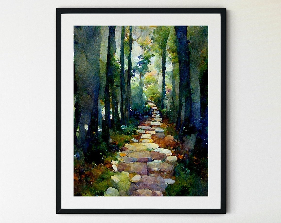 Sunlit Forest Path Watercolor Stone Steps Through Green Trees Poster
