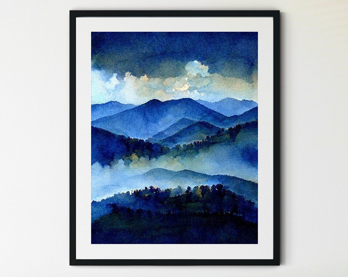 Blue Misty Mountains Watercolor Cloudy Sky Over Foggy Peaks Art Poster