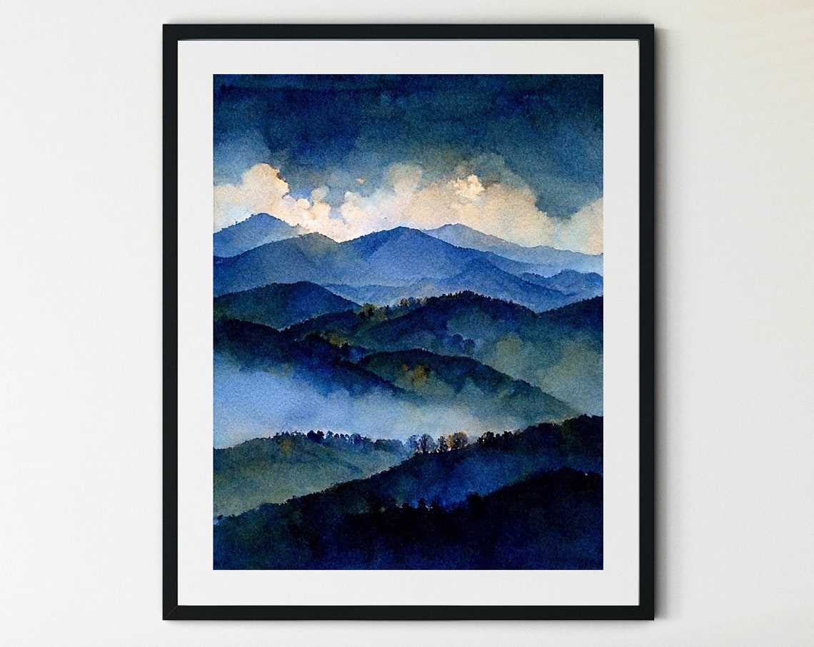 Misty Blue Mountain Layers Watercolor Foggy Peaks Serene Art Poster