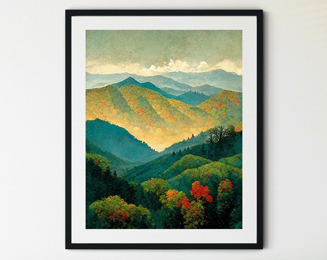 Great Smoky Mountains National Park Print Great Smoky Mountains National Park Poster Mountains Painting Smoky Mountain Art Misty Woods