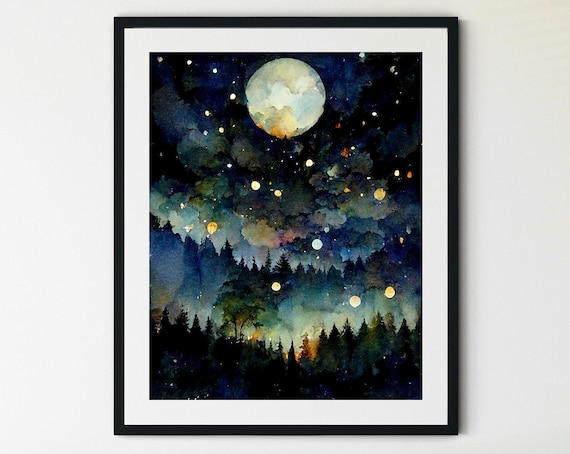 Full Moon Over Dark Forest Night Sky Glowing Orbs Watercolor Poster