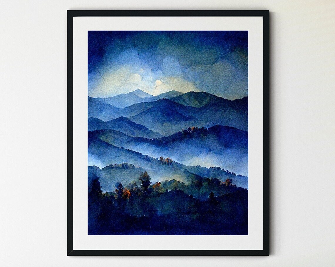 Misty Blue Mountain Peaks Watercolor Soft Light Over Foggy Art Poster