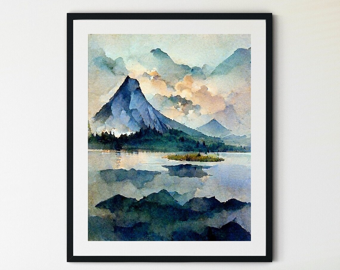 Snowy Mountain Peak Over a Mirror Lake at Sunrise Watercolor Poster