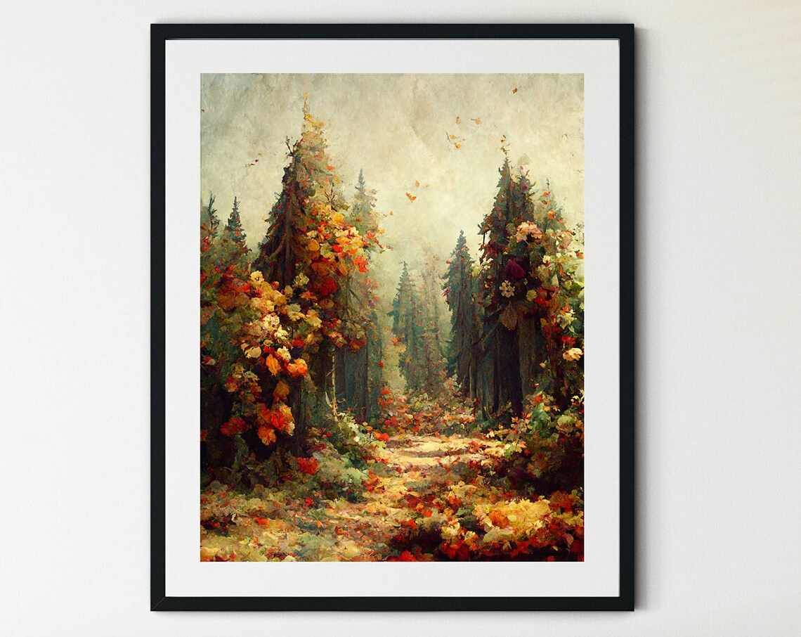 Autumn Pine Forest Path Colorful Foliage Warm Impressionist Landscape Print