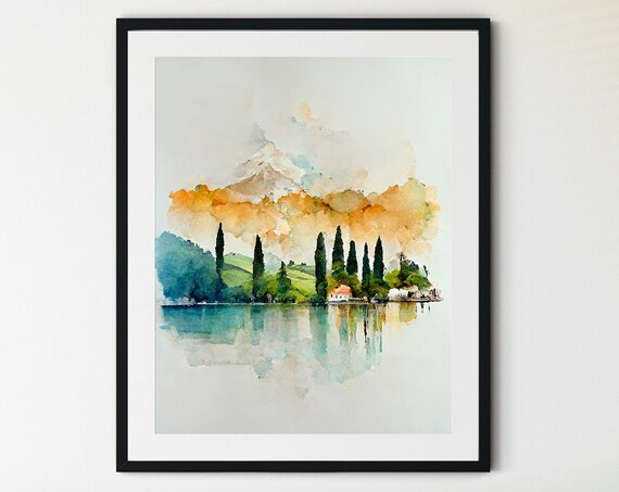 Watercolor Lake Cypress Trees Lakeside Village Soft Pastel Landscape Print