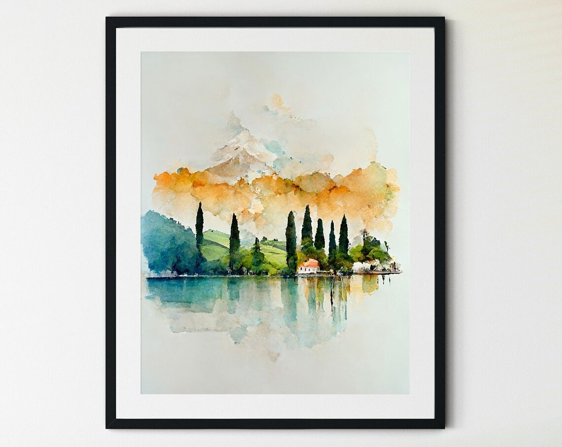 Watercolor Lake Cypress Trees Lakeside Village Soft Pastel Landscape Print