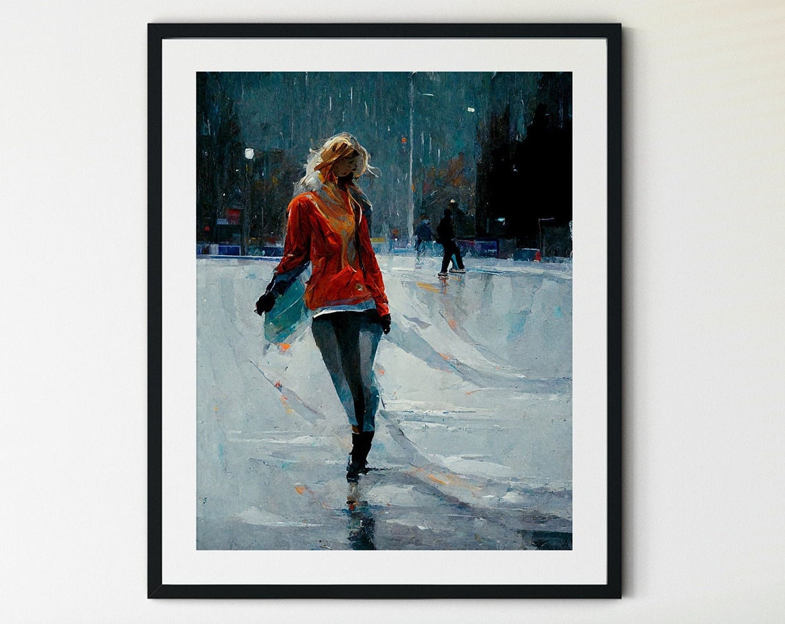 Blonde Woman Ice Skating Under Night City Lights Impressionist Poster