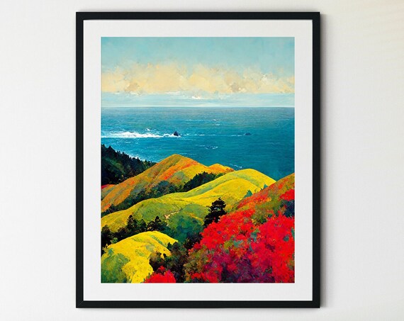 Big Sur Rolling Hills Wildflowers Blue Pacific Ocean Vibrant Landscape Print