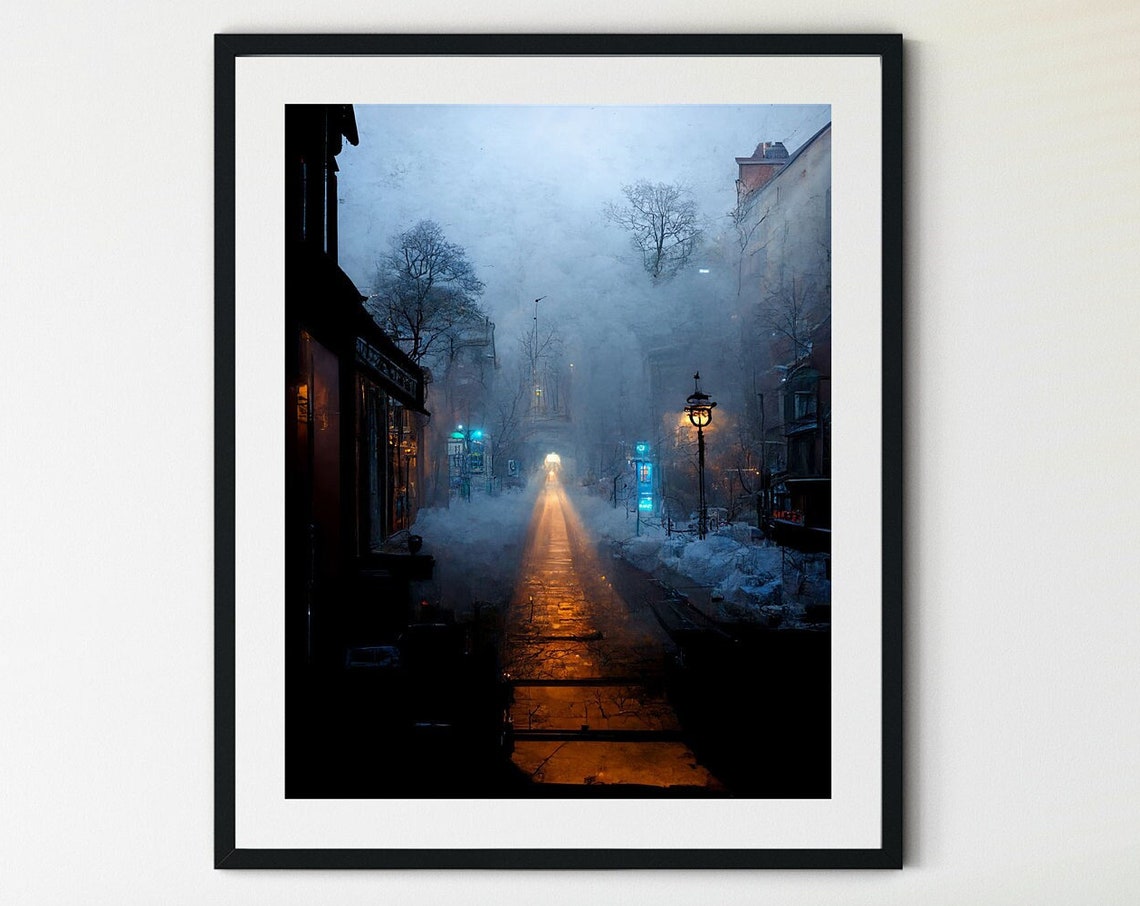 Painting Of A City Street At Night Wall Art Instant Art Print People Art Winter Painting