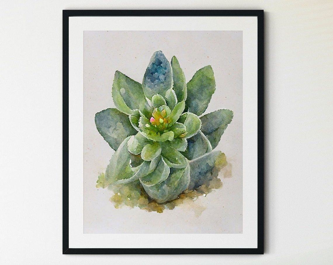 Succulent Watercolor With Pink Blooming Center Lovely Plant Poster