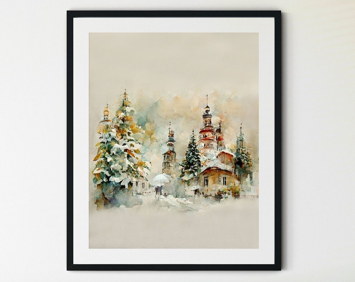 Winter Landscape Watercolor Forest Rustic Art Print