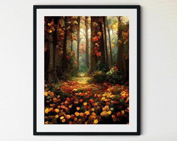 Autumn Woodland Trail Fall Foliage Sunlit Forest Floor Landscape Print