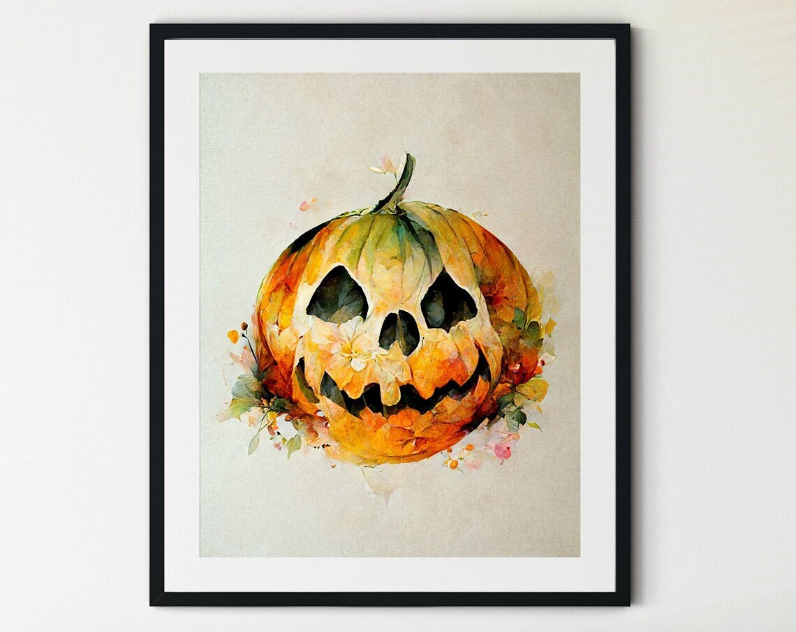 Carved Halloween Pumpkin Watercolor Wall Art Jack O Lantern Floral Decor