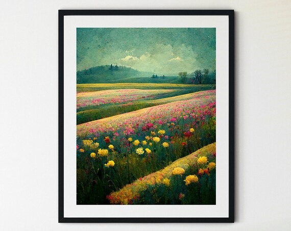 Vibrant Wildflower Meadows Rolling Under a Teal Sky Colorful Poster