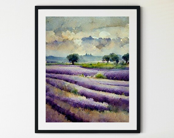 Lavender Field Rows Beneath a Cloudy Moonlit Sky Watercolor Poster