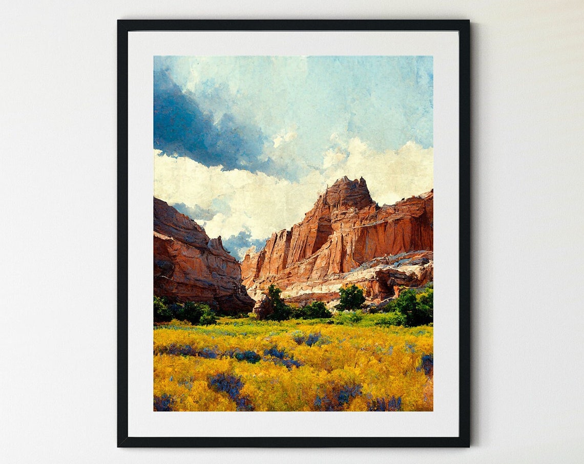 Capitol Reef Red Rock Canyon Golden Meadow Blue Clouds Utah Print